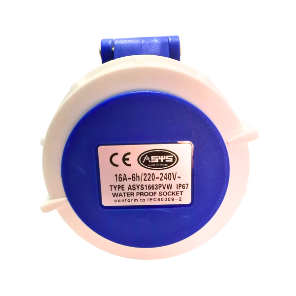 ASYS WEATHERPROOF INDUSTRIAL SOCKET, 16A-6H 2P, 220V FEMALE - ASYS1663PVW