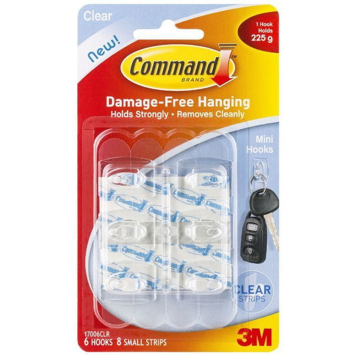 3M COMMAND MINI CLEAR HOOKS WITH CLEAR STRIPS 17006CLR