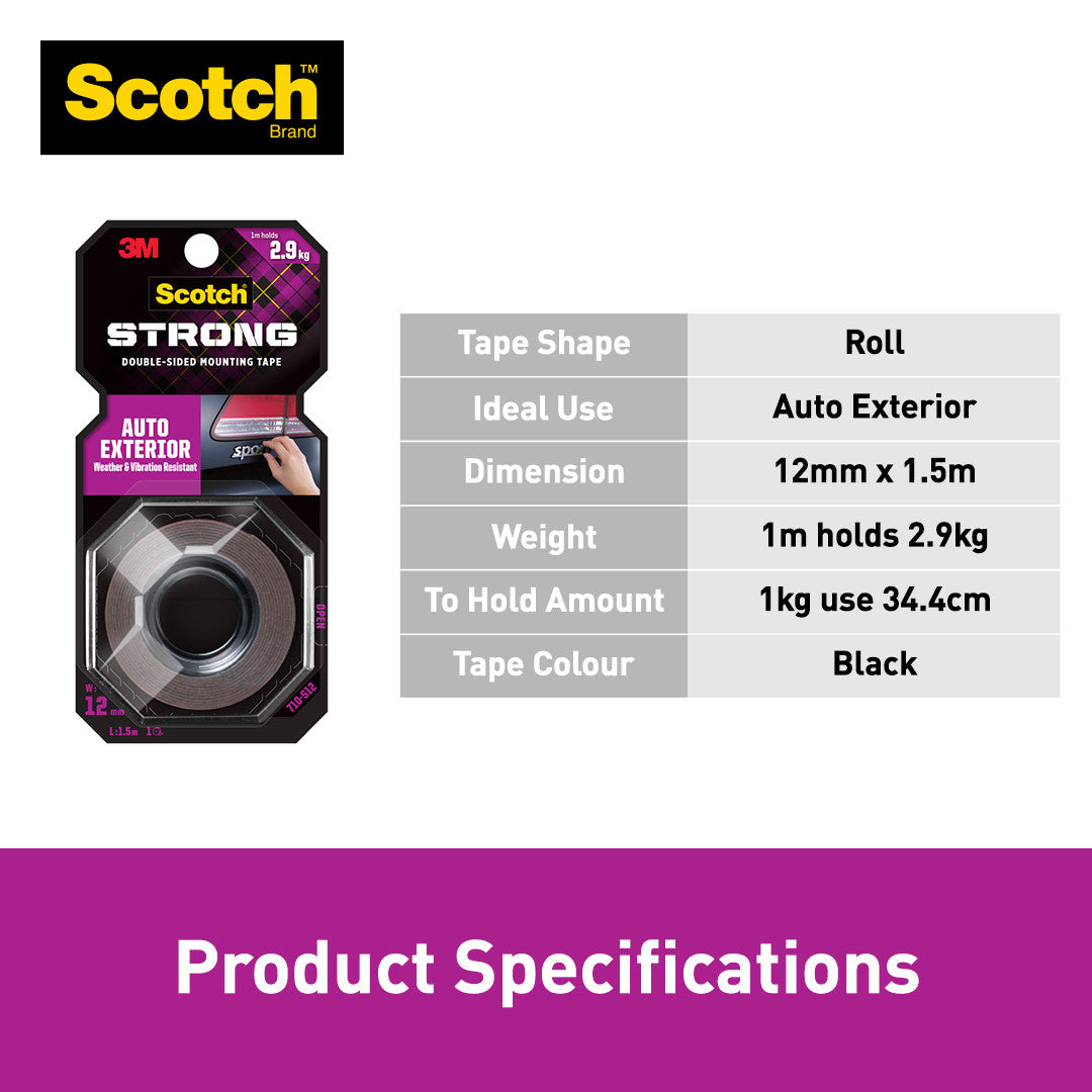 3M SCOTCH 710-S12 AUTO EXTERIOR DOUBLE-SIDED MOUNTING 12MMX1.5M TAPE Main image