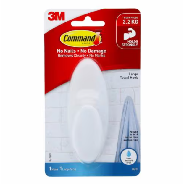3M COMMAND BATHROOM LARGE TOWEL HOOK WITH WATER RESISTANT STRIP