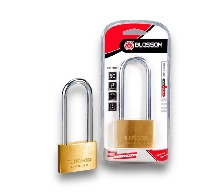 BLOSSOM HIGH SECURITY SOLID BRASS PADLOCK, LONG SHACKLE, BC16L