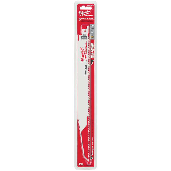 MILWAUKEE 48-00-5027 , 12" (300mm) 5TPI AX with Bi-Metal Sawzall Blade for Wood with Nails (5pcs)