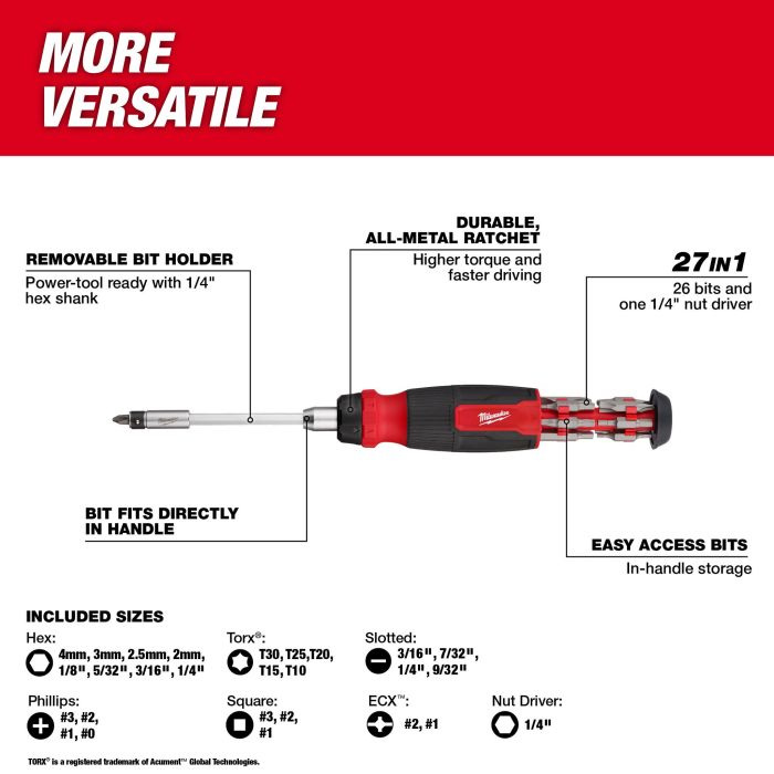 MILWAUKEE 48-22-2904 , 27-in-1 Ratcheting Multi-Bit Screwdriver