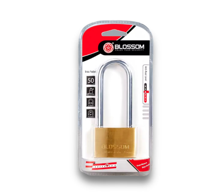 BLOSSOM HIGH SECURITY SOLID BRASS PADLOCK, LONG SHACKLE, BC16L