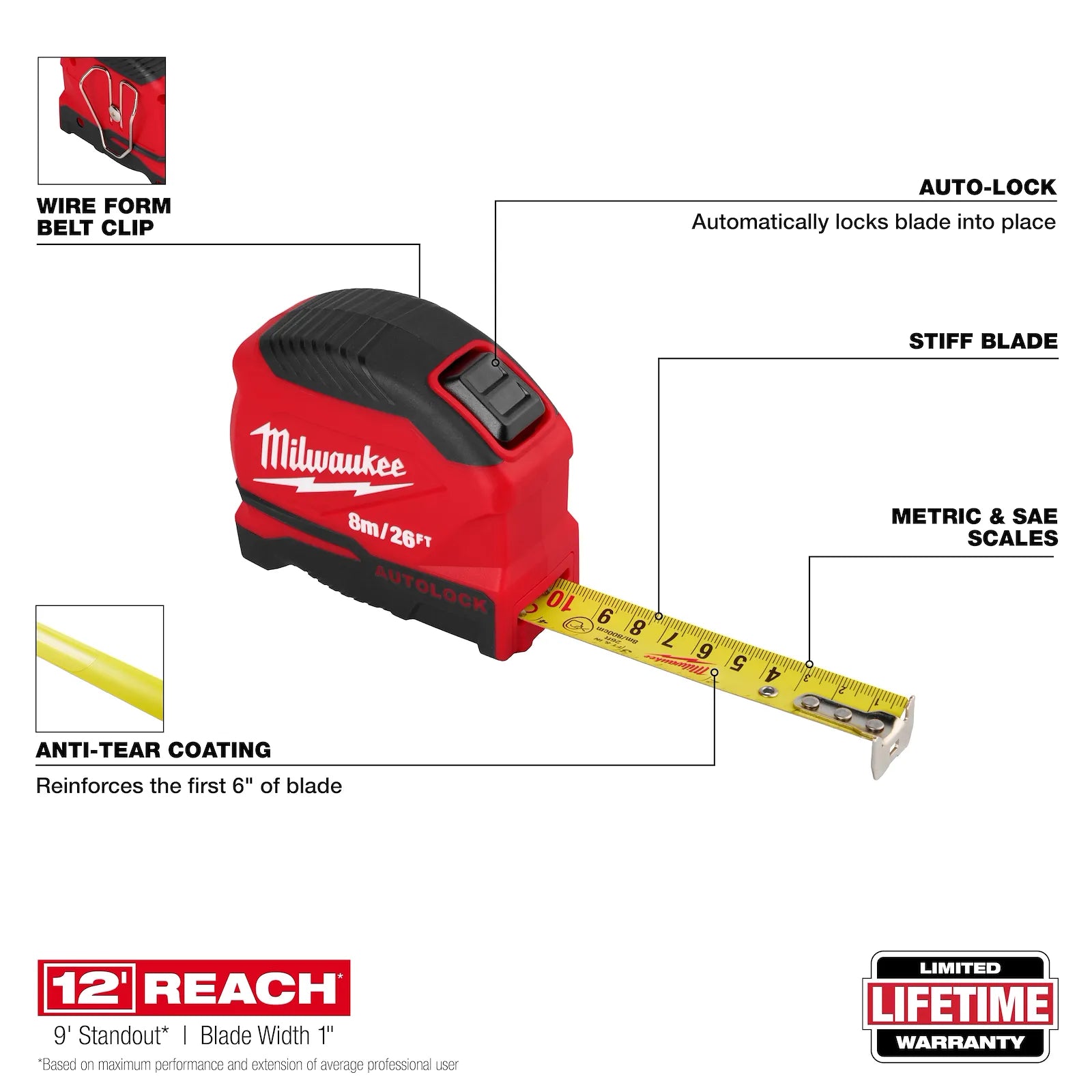 MILWAUKEE 48-22-1826V , 8m/26ft Auto-Lock Tape Measure Secondary image