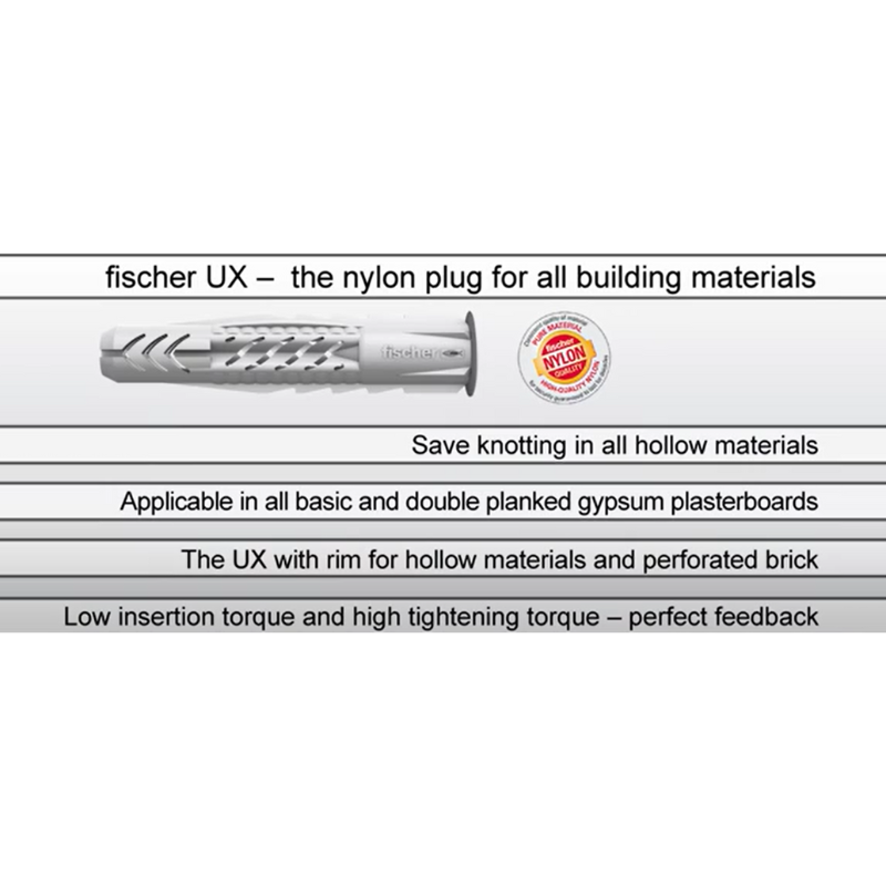 FISCHER 94722, HIGH QUALITY NYLON UNIVERSAL WALL PLUG UX SERIES, 5 x 30MM WITH RIM