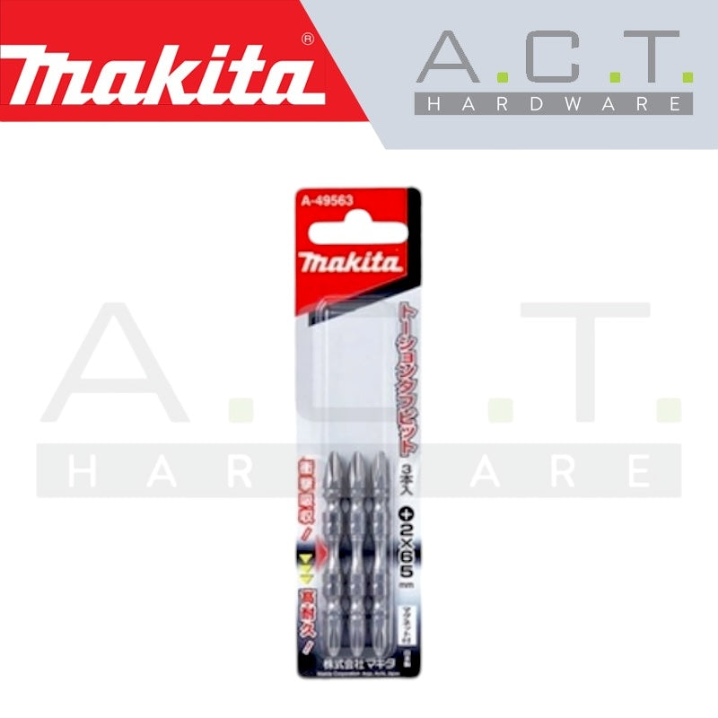 MAKITA 3PC MAGNETIC DOUBLE ENDED SILVER TORSION SCREW BIT, PH2, E-FORM, 65MM, A-49563 Main image