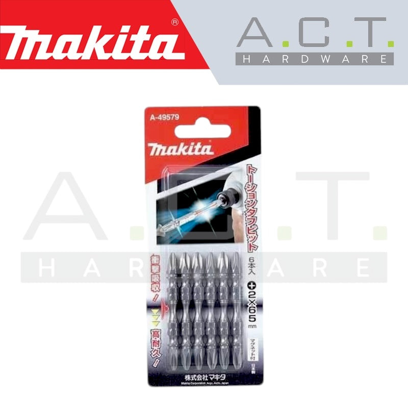 MAKITA 6PC MAGNETIC DOUBLE ENDED SILVER TORSION SCREW BIT, PH2, E-FORM, 65MM, A-49579