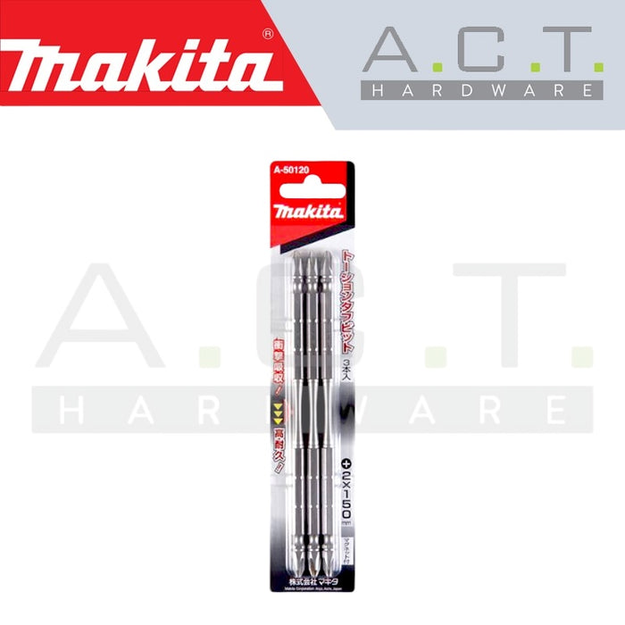 MAKITA 3PC MAGNETIC DOUBLE ENDED SILVER TORSION SCREW BIT, PH2, E-FORM, 150MM, A-50120