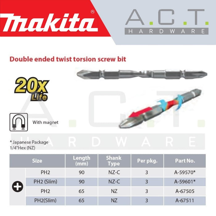 MAKITA 3PC MAGNETIC DOUBLE ENDED TWIST TORSION SCREW BIT, PH2, E-FORM, 90MM, A-59570