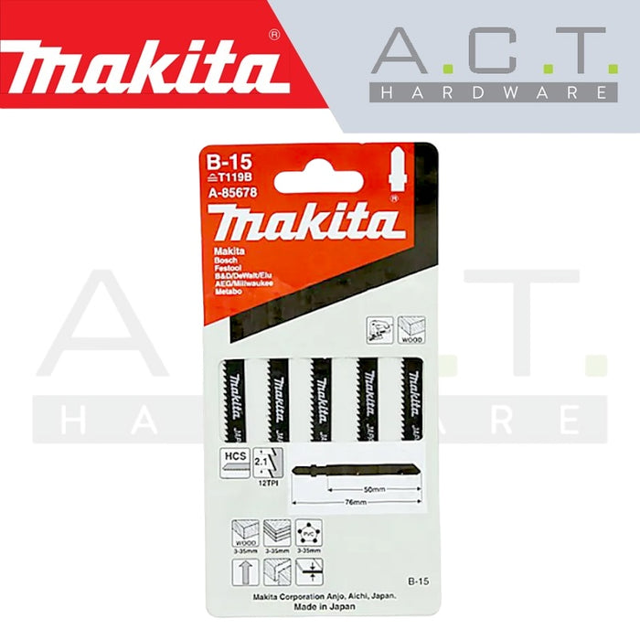 MAKITA JIG SAW BLADE, BAYONET TYPE, (BASIC/THIN WOOD/THIN PLASTIC), NO: B-15 (A-85678)