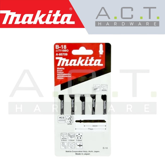 MAKITA JIG SAW BLADE, BAYONET TYPE, (BASIC/THIN WOOD/THIN PLASTIC/SCROLL CUTTING), NO: B-18 (A-85709)