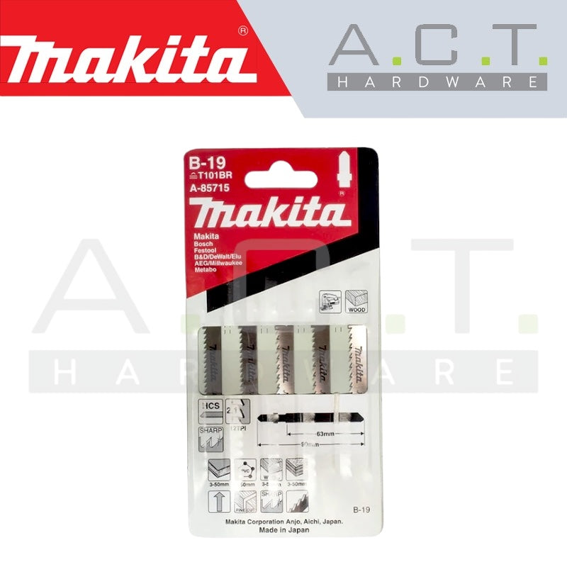MAKITA JIG SAW BLADE, BAYONET TYPE, (HARDWOOD/HARD PLASTIC/SPLINTER-FREE CUTS), NO: B-19 (A-85715) Main image