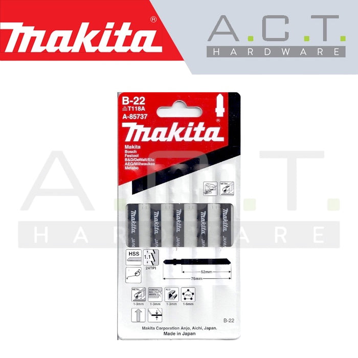 MAKITA JIG SAW BLADE, BAYONET TYPE, (METAL/BASIC/MILD STEEL CUTS), NO: B-22 (5PCS) (A-85737)