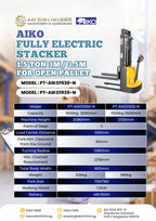 AIKO FULLY ELECTRIC STACKER 1.5 TON 3M FOR OPEN PALLET | MODEL: PT-AIKO1530-N