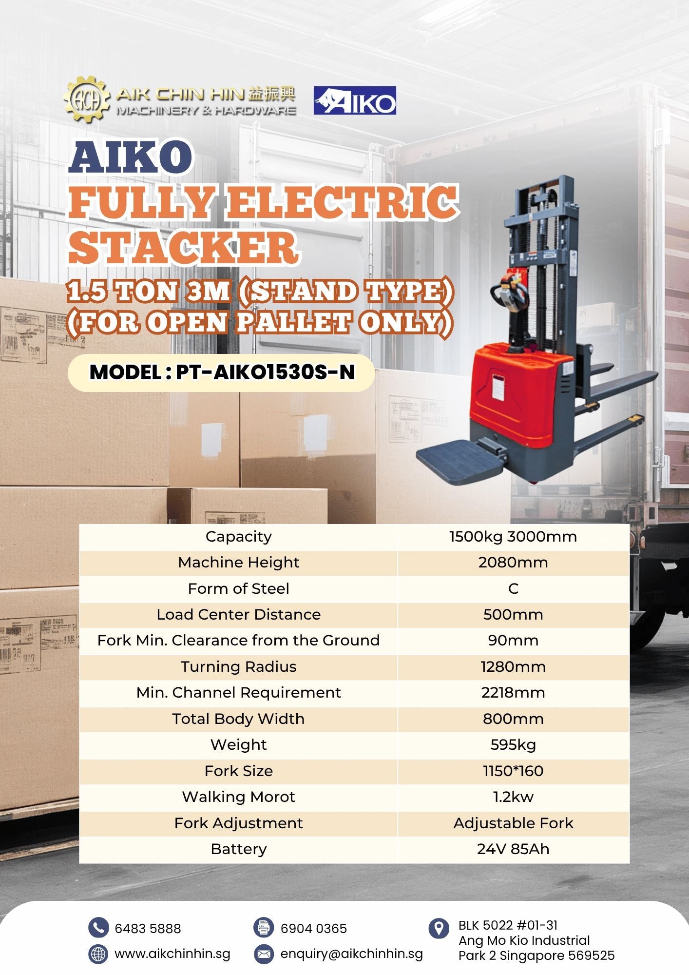 AIKO FULLY ELECTRIC STACKER 1.5 TON 3M (STAND TYPE) (FOR OPEN PALLET ONLY) | MODEL: PT-AIKO1530S-N Secondary image