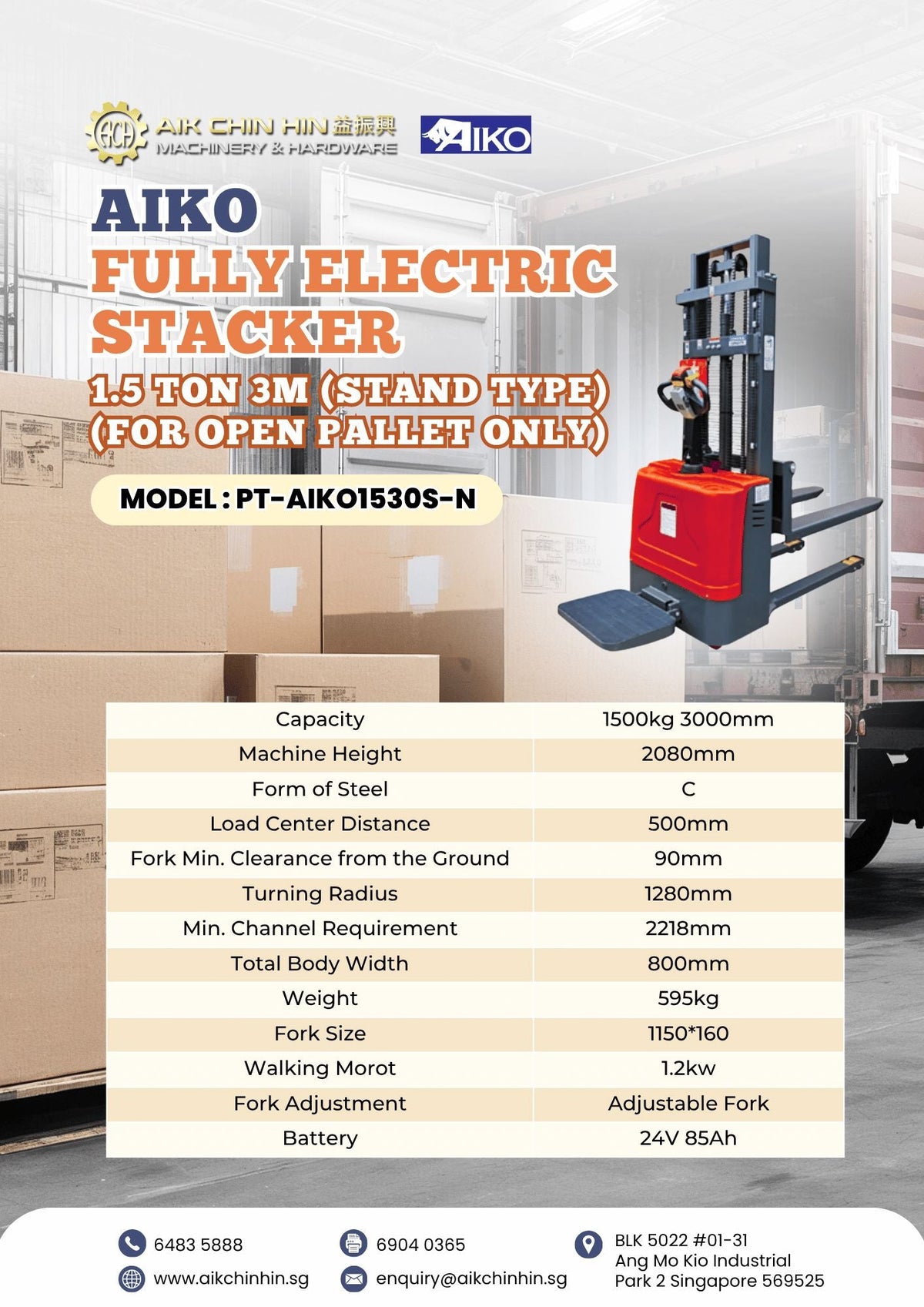 AIKO FULLY ELECTRIC STACKER 1.5 TON 3M (STAND TYPE) (FOR OPEN PALLET ONLY) | MODEL: PT-AIKO1530S-N