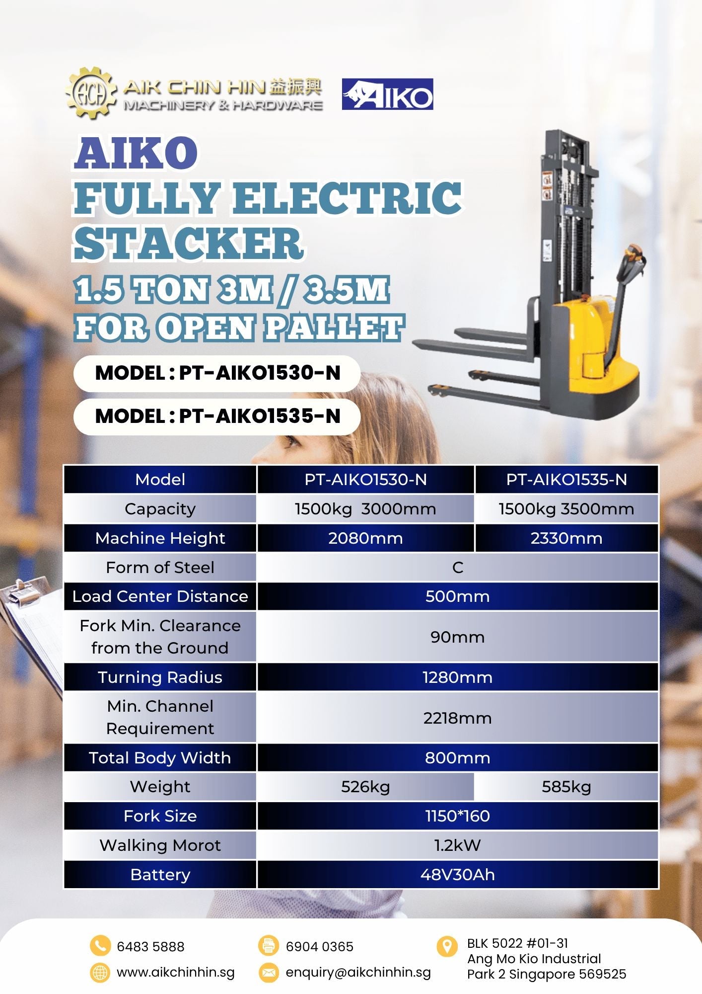 AIKO FULLY ELECTRIC STACKER 1.5 TON 3.5M FOR OPEN PALLER | MODEL: PT-AIKO1535-N Secondary image