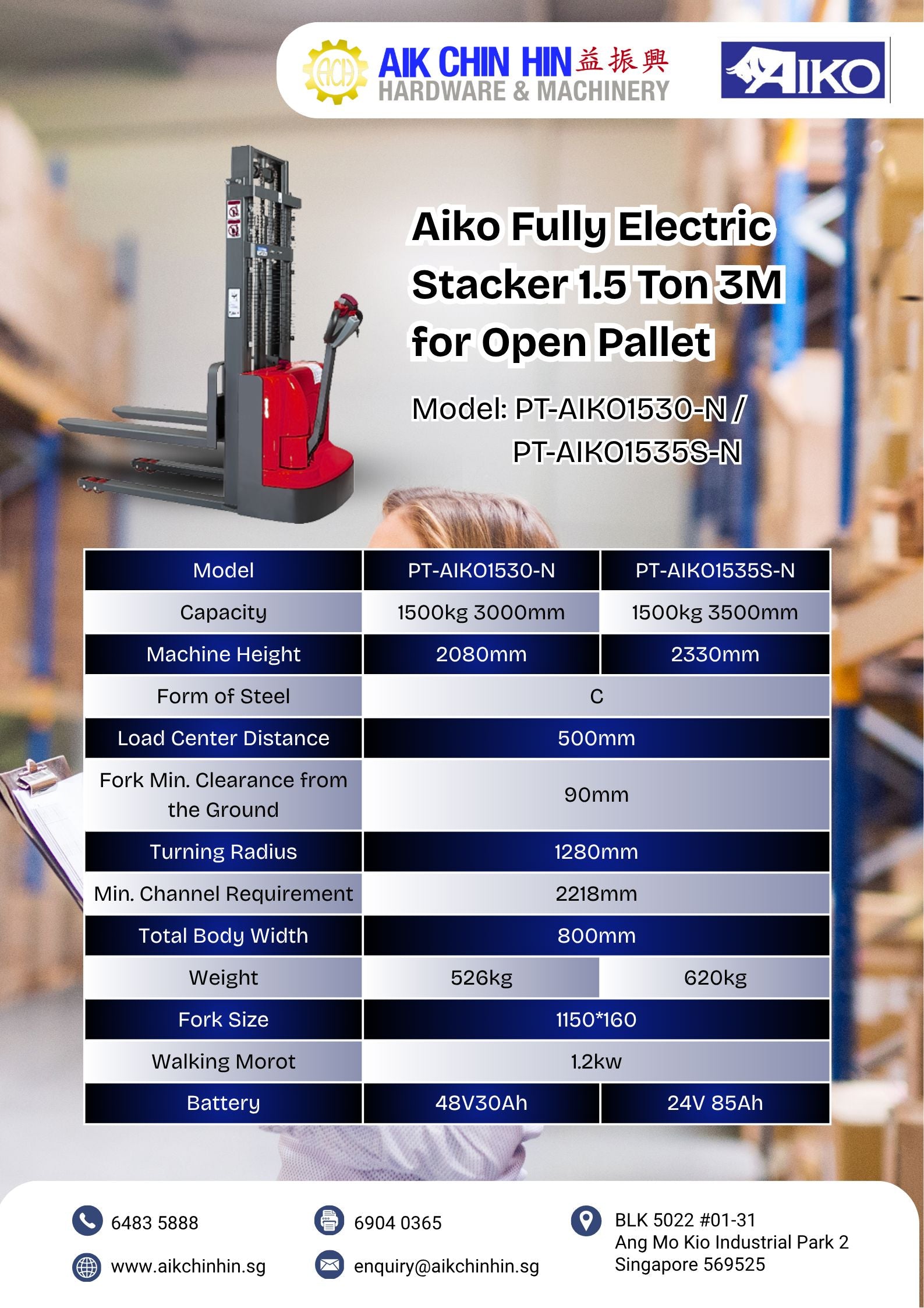 AIKO FULLY ELECTRIC STACKER 1.5 TON 3.5M (STAND TYPE) (FOR OPEN PALLET ONLY) | MODEL: PT-AIKO1535S-N Secondary image