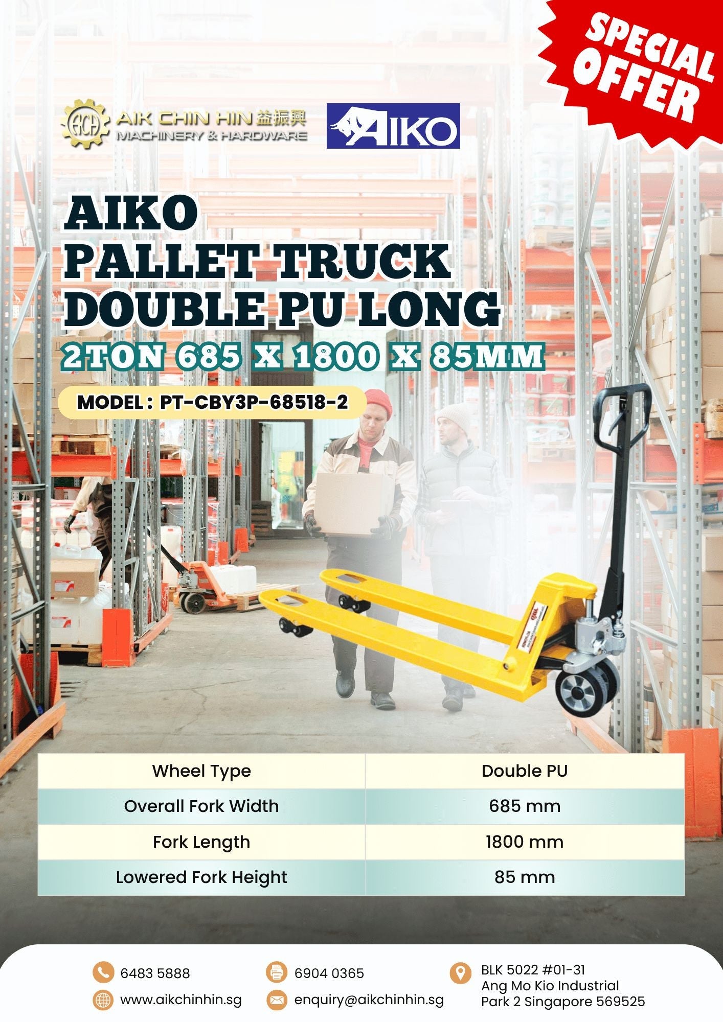 AIKO PALLET TRUCK 2T 685*1800*85 DOUBLE PU LONG | MODEL : PT-CBY3P-68518-2 Secondary image