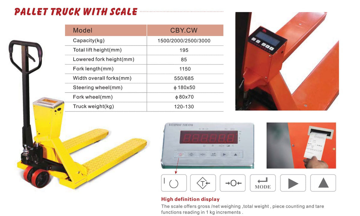 AIKO PALLET TRUCK 3T 685*1220*85MM WITH WEIGHING SCALE DOUBLE PU WHEEL W/O PRINTER | MODEL : PT-CBYCW3-685