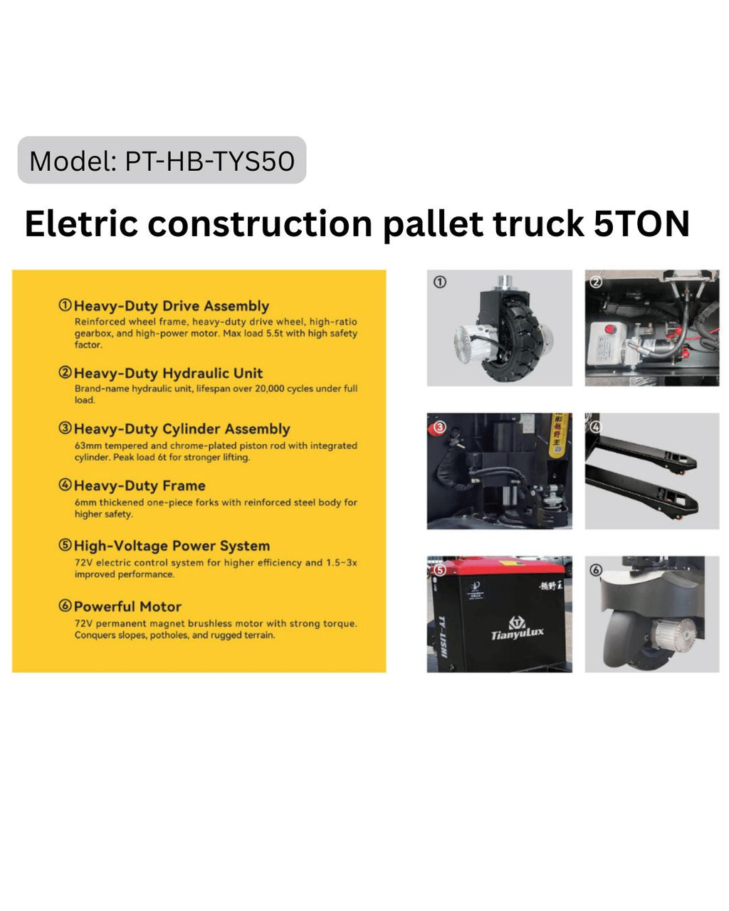 AIKO FULLY ELECTRIC CONSTRUCTION PALLET TRUCK 5T 685*1220MM - OFF ROAD | MODEL: PT-HB-TYS50