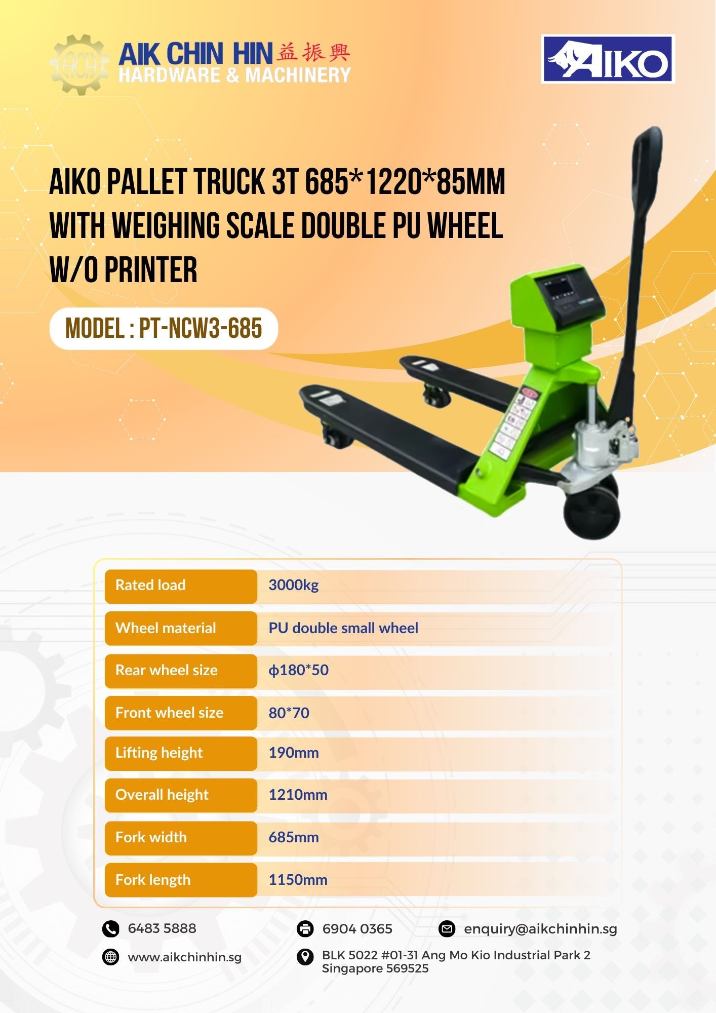 AIKO PALLET TRUCK 3T 685*1220*85MM WITH WEIGHING SCALE DOUBLE PU WHEEL W/O PRINTER | MODEL: PT-NCW3-685 Secondary image