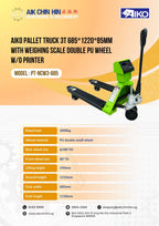 AIKO PALLET TRUCK 3T 685*1220*85MM WITH WEIGHING SCALE DOUBLE PU WHEEL W/O PRINTER | MODEL: PT-NCW3-685