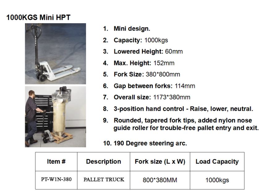 AIKO 1 TON PALLET TRUCK 380*800MM SINGLE NYLON | MODEL : PT-W1N-380
