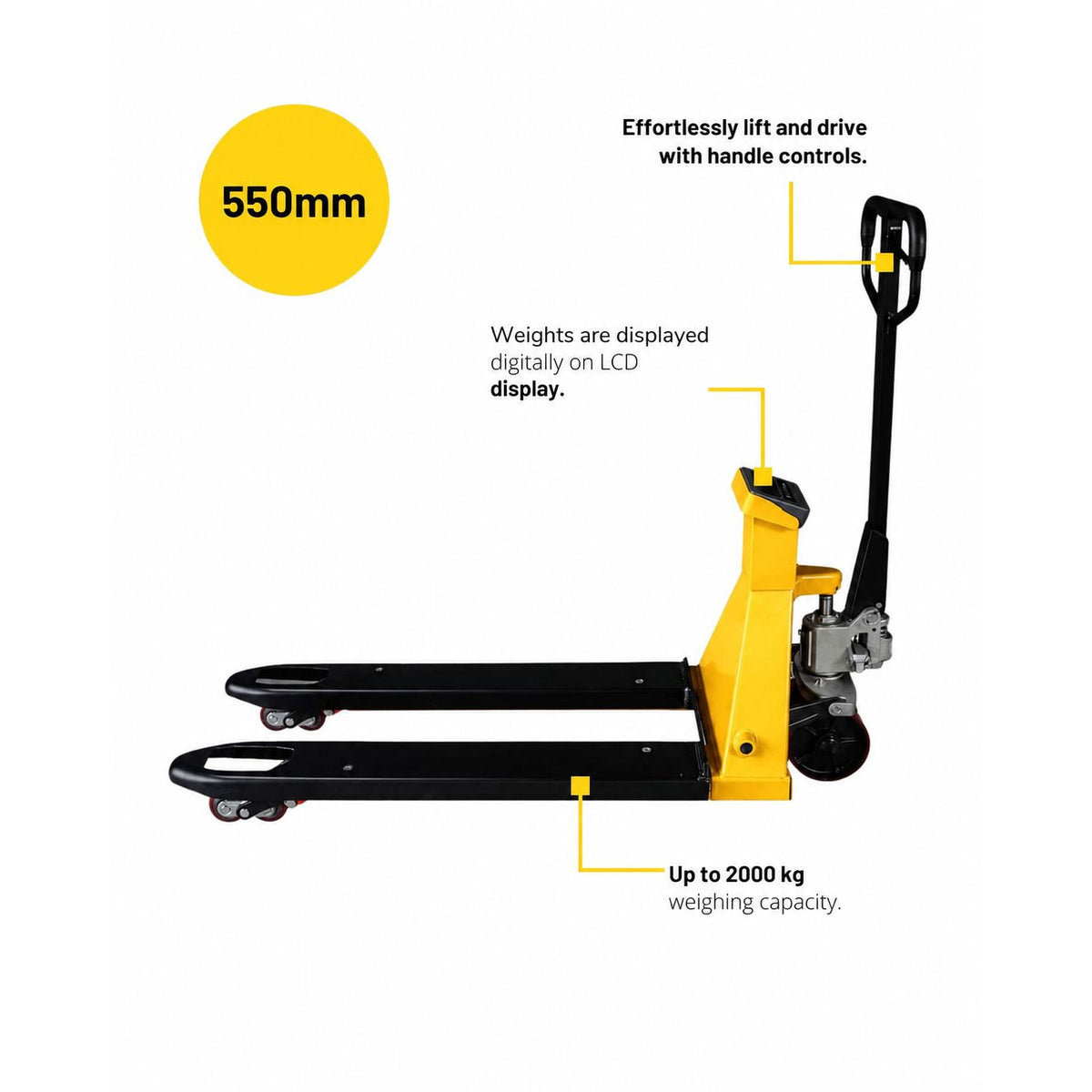 AIKO PALLET TRUCK 2TON 550*1150MM WITH WEIGHING SCALE DOUBLE PU WHEEL W/O PRINTER #WRZ-ES | MODEL: PT-WCW2-550 Main image