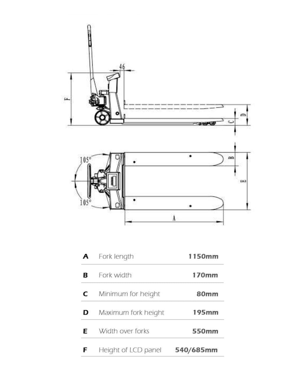 AIKO PALLET TRUCK 2TON 550*1150MM WITH WEIGHING SCALE DOUBLE PU WHEEL W/O PRINTER #WRZ-ES | MODEL: PT-WCW2-550
