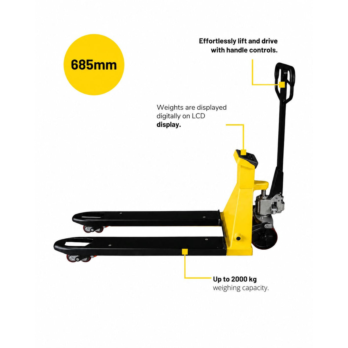 AIKO PALLET TRUCK 2TON 685*1150MM WITH WEIGHING SCALE DOUBLE PU WHEEL W/O PRINTER #WRZ-ES | MODEL: PT-WCW2-685 Main image