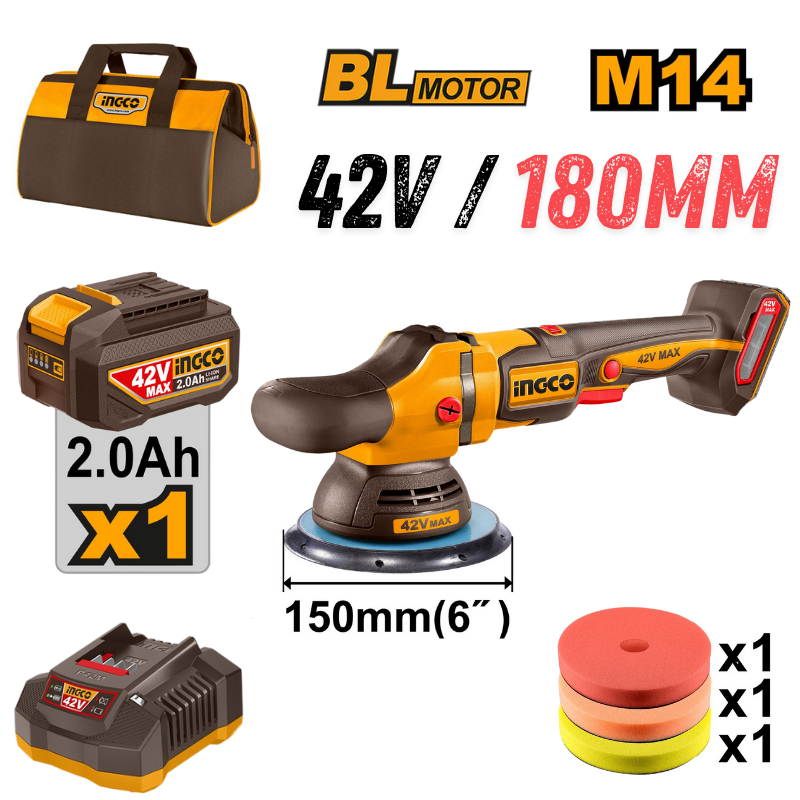 INGCO APLI42151, 42V Compact Brushless Cordless Polisher Set, 150MM (6"), With Accessories Set