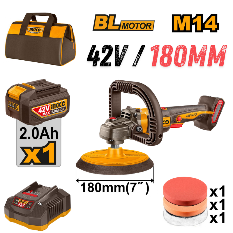INGCO APLI42181, 42V Compact Brushless Cordless Polisher Set, 180MM (7"), With Accessories Set Main image