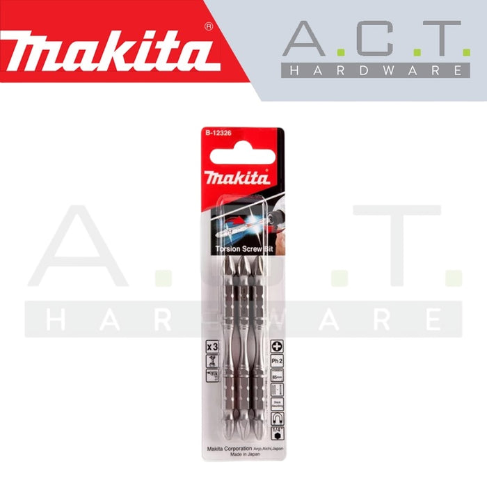 MAKITA 3PC MAGNETIC DOUBLE ENDED SILVER TORSION SCREW BIT, PH2, E-FORM, 85MM, B-12326