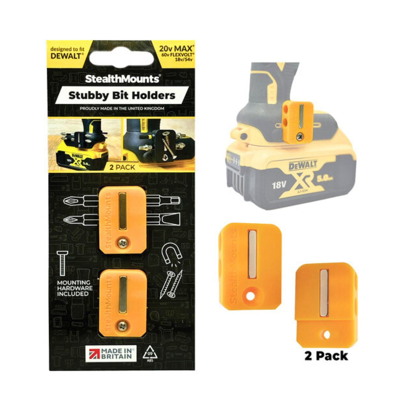 StealthMounts Stubby Magnetic Bit Holder for Dewalt XR & FLEXVOLT Tools [SKU: BH-DW-S-YLW-2] Main image