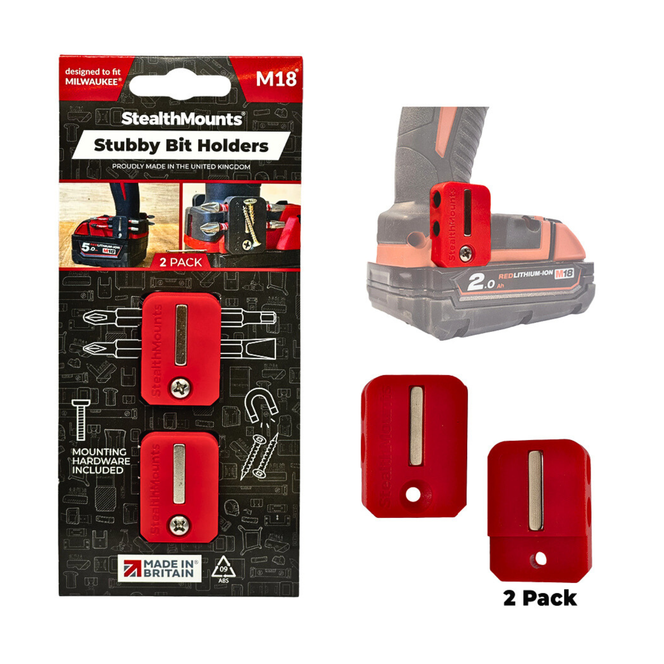 StealthMounts Stubby Magnetic Bit Holder for Milwaukee M18 Tools [SKU: BH-M18-S-RED-2] Main image