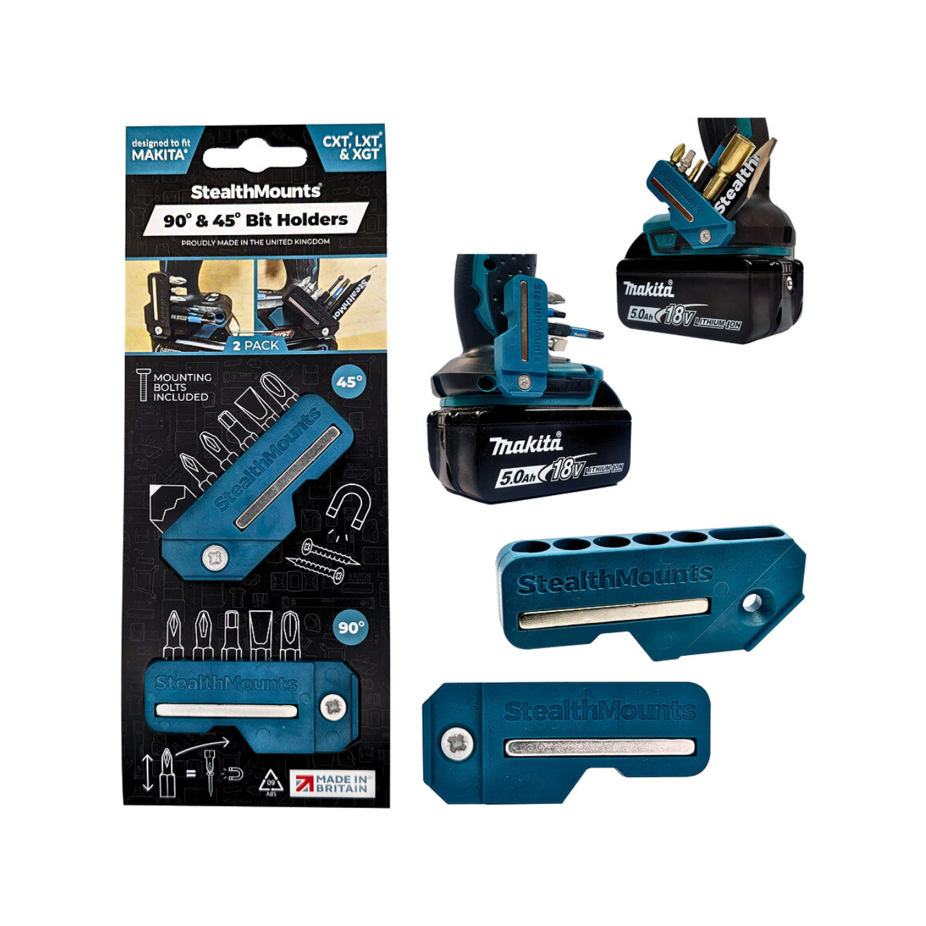 StealthMounts 45° & 90° Magnetic Bit Holder for Makita CXT, LXT & XGT Tools [SKU: BH-MK-4590-BLU] Main image