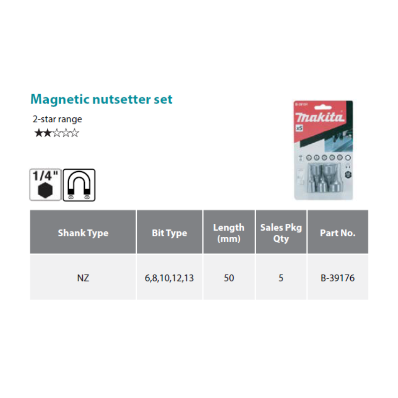 MAKITA 5PC MAGNETIC NUTSETTER SET, (6 - 13)MM SOCKET SIZE, E-FORM, 50MM, B-39176