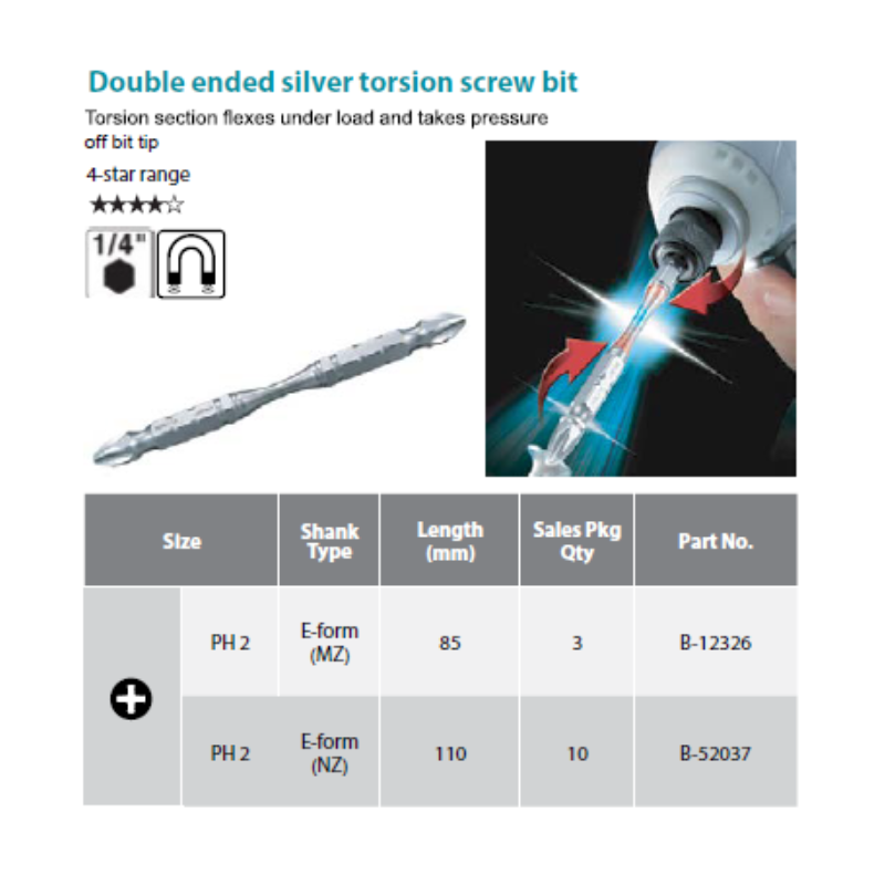 MAKITA 10PC MAGNETIC DOUBLE ENDED SILVER TORSION SCREW BIT SET, PH2, E-FORM, 110MM, B-52037