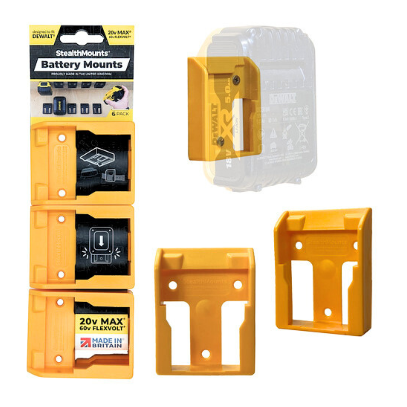 StealthMounts Battery Mounts for DeWalt 20V MAX / 18V Series [SKU: BM-DW20-YLW-6] Main image