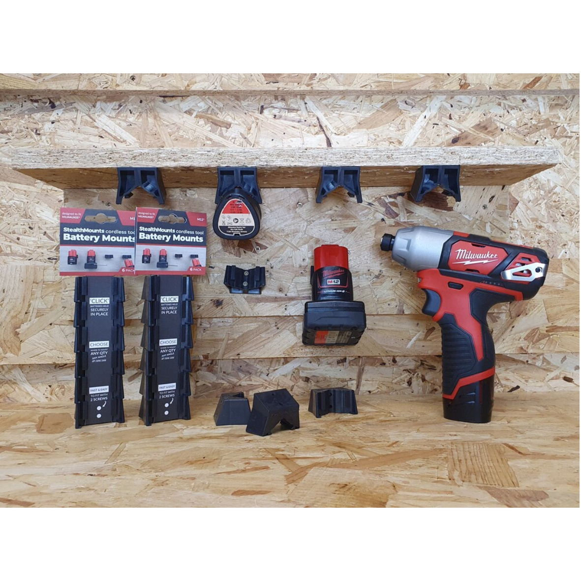 StealthMounts Battery Mounts for Milwaukee M12 Series [SKU: BM-MW12-RED-6]