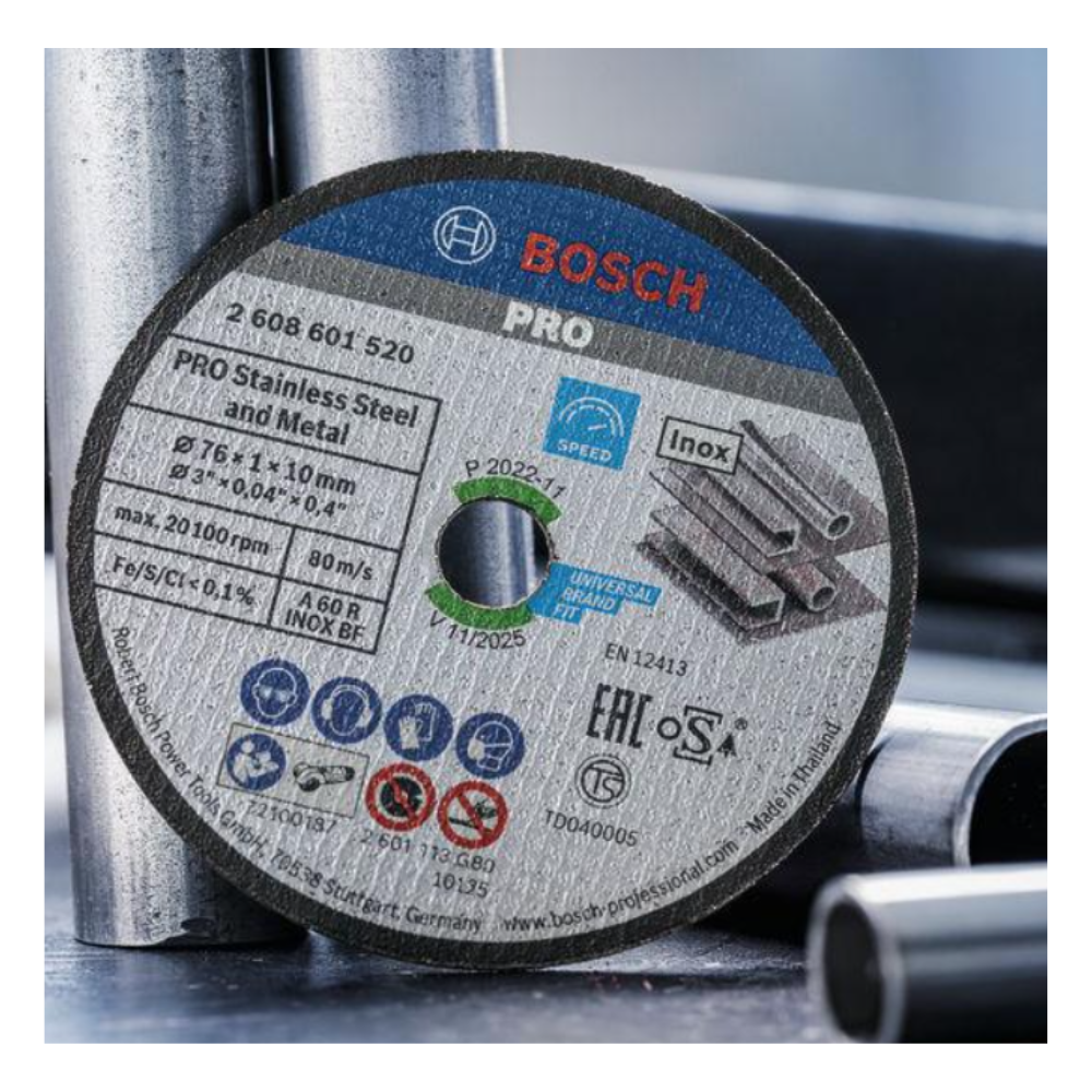 BOSCH PRO STAINLESS STEEL AND METAL BONDED CUTTING DISC, 76MM X 1MM X 10MM (FOR GWS 12V-76)