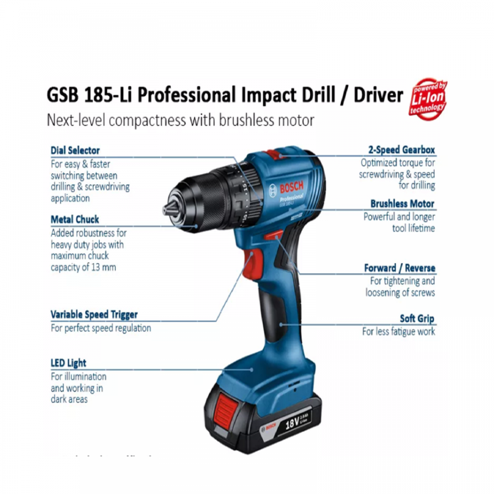BOSCH GSB 185-LI PRO CORDLESS COMBI IMPACT DRILL