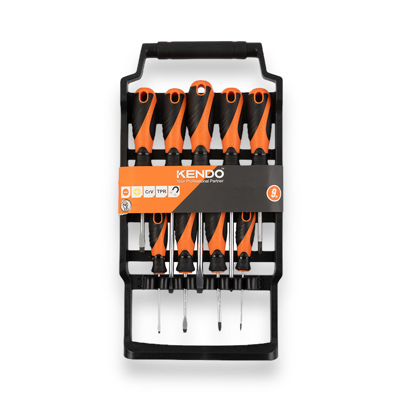 KENDO 9PC SCREWDRIVER SET WITH PLASTIC RACK - 20214
