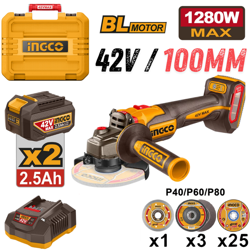INGCO CAGLI4128102, 42V Cordless Angle Grinder Set, 100MM (4″), Slide Switch Type Main image