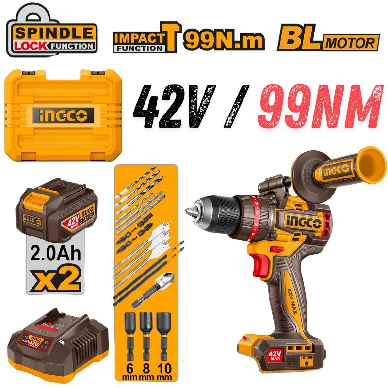 INGCO CIDLI429982, 42V Compact Brushless Cordless Impact Drill Set, 99Nm, 13MM Chuck Size, Hammer Drill With Accessories Set Main image