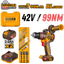 INGCO CIDLI429982, 42V Compact Brushless Cordless Impact Drill Set, 99Nm, 13MM Chuck Size, Hammer Drill With Accessories Set