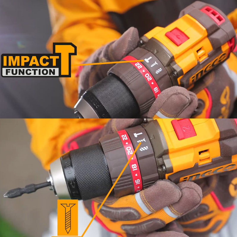 INGCO CIDLI429982, 42V Compact Brushless Cordless Impact Drill Set, 99Nm, 13MM Chuck Size, Hammer Drill With Accessories Set