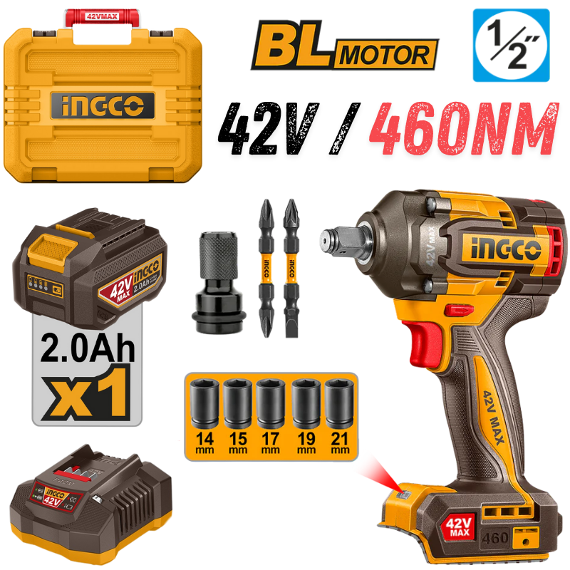 INGCO CIWLI42461, 42V Compact Brushless Cordless 1/2" Impact Wrench Set, 460Nm, With Accessories Set